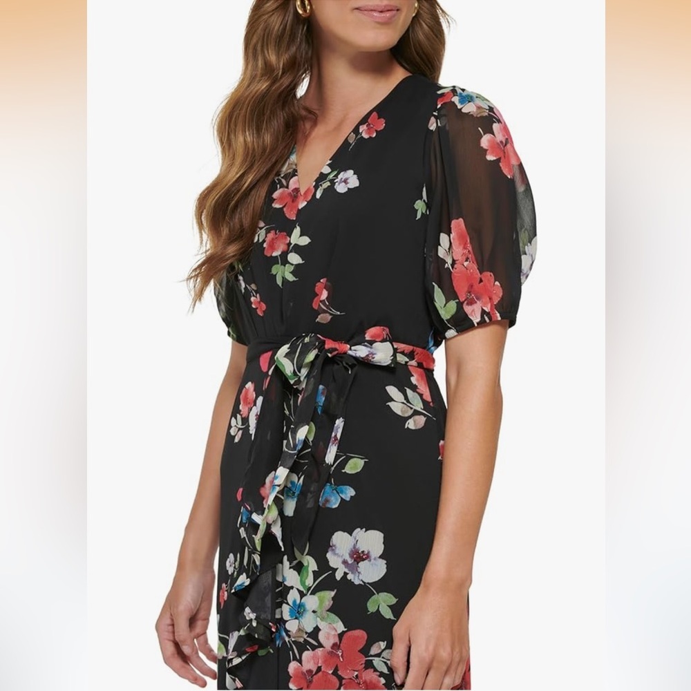 DKNY Women's Black
Floral-Print Ruffled Hem Puff Sleeve Midi
Dress Size 14W NWT - Picture 3 of 16